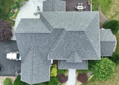 After look of roof with the brand-new Owens Corning Duration shingles in Williamsburg Grey